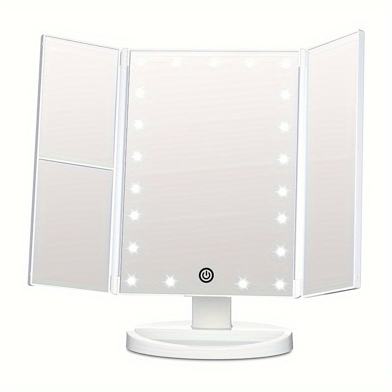 Espejo de tocador plegable con luces, espejo de maquillaje iluminado con aumento de 2X/3X, 21 LED con atenuación táctil, espejo de tocador iluminado con doble alimentación y rotación de 180°, espejo de maquillaje con iluminación.