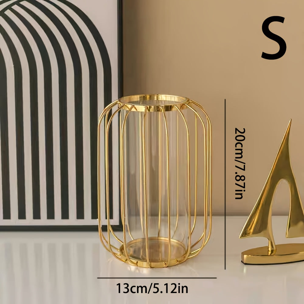 Jarrón de vidrio y metal creativo y elegante para mesa de comedor. Jarrón decorativo de hierro artístico para salón. Adornos para arreglos florales secos.