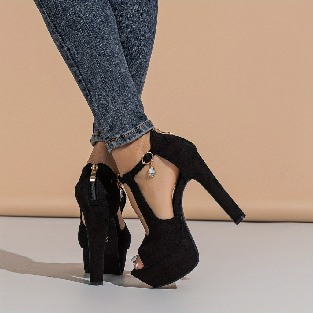 Sandalias sexy con tacón grueso y aberturas - Zapatos de tacón con punta abierta para mujer - Tacones de plataforma de moda con correa con hebilla