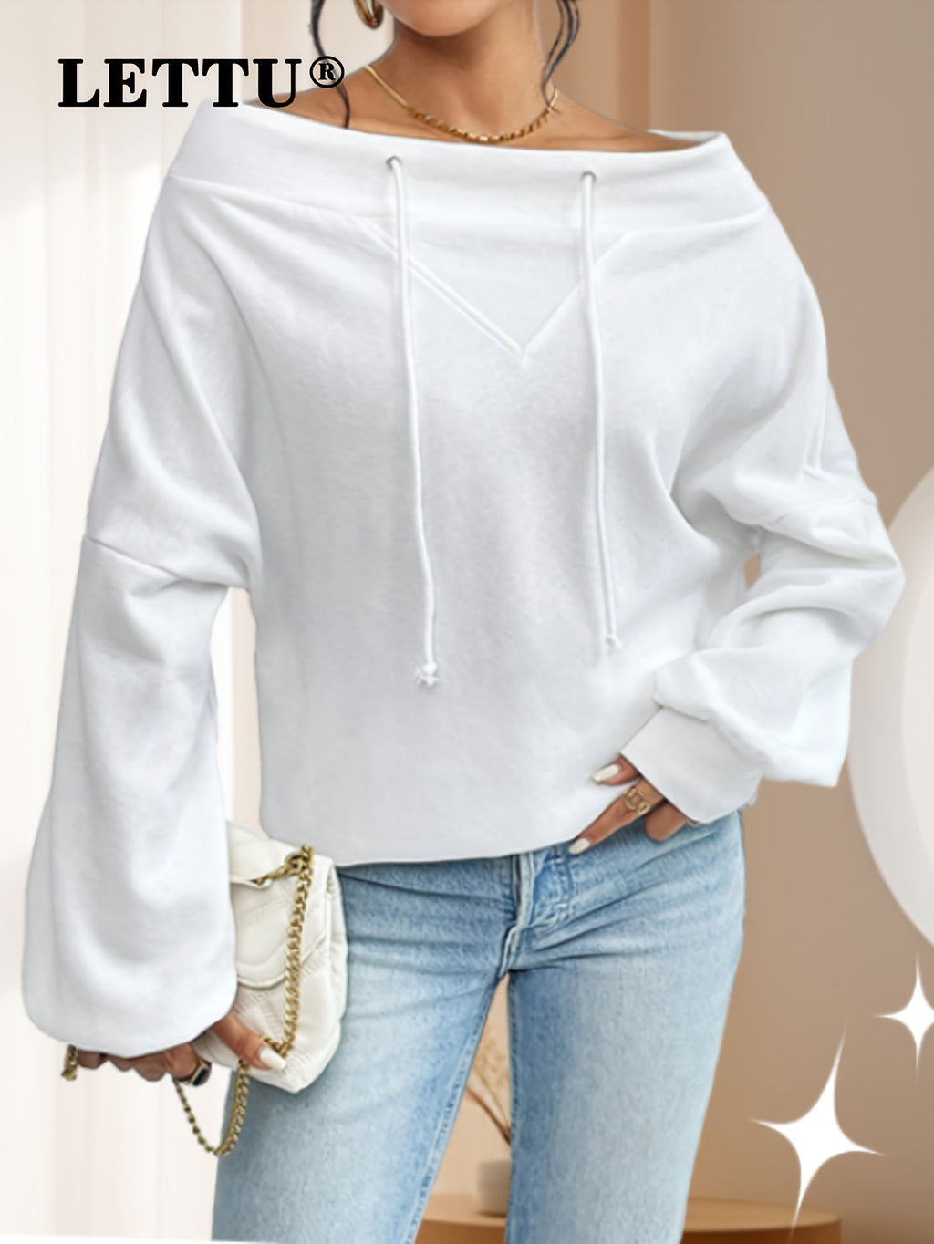 Sudadera blanca lisa con hombros descubiertos y cordón ajustable para mujer - 2025 Nuevas sudaderas de moda para mujer - Sudadera con capucha, cordón ajustable, manga larga, cuello barco, oversize y estilo deportivo informal