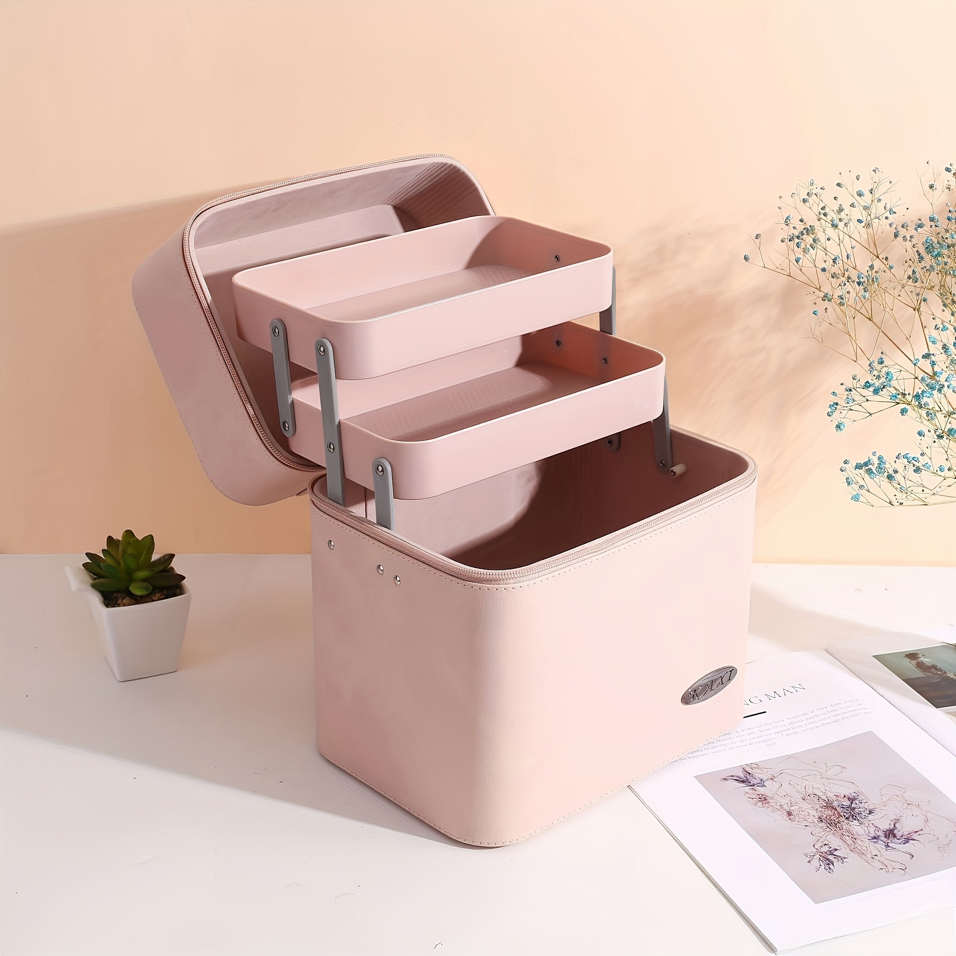 Neceser de maquillaje de gran capacidad de inspiración vintage: estuche cosmético multicapa para mujer, organizador de viaje portátil con espacio para joyas, plástico resistente, caja de maquillaje, TU-SN-HZB633-BE-1P.