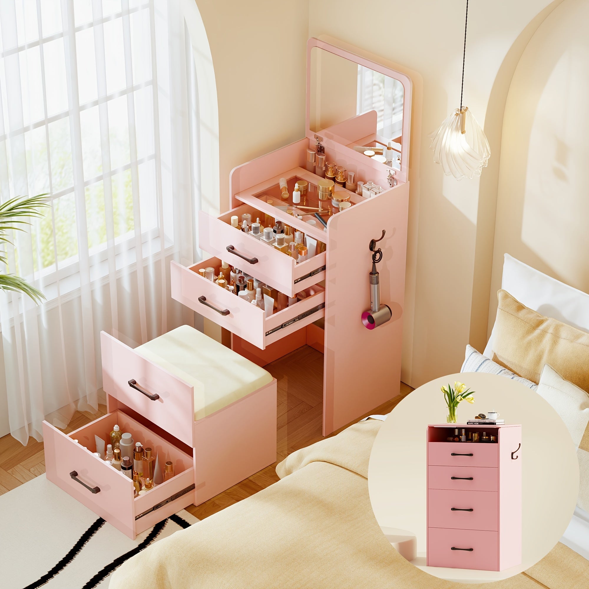 Tocador con espejo abatible, pequeño conjunto de tocador con escritorio de vidrio visible, tocador compacto con 3 cajones, herramienta acolchada.