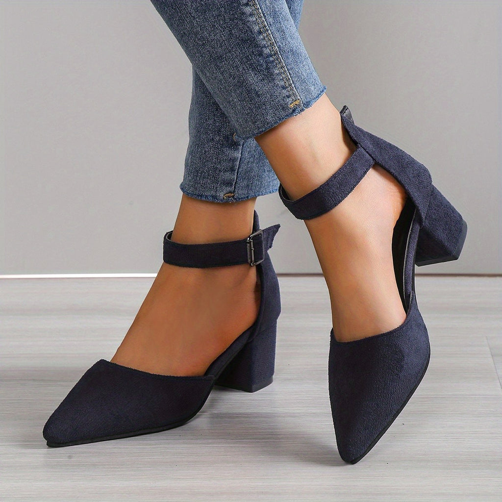 Zapatos de tacón grueso con correa al tobillo y puntera puntiaguda, de color liso y tacón medio, versátiles sandalias con correa ajustable al tobillo para caminar cómodamente y lucir un look elegante.