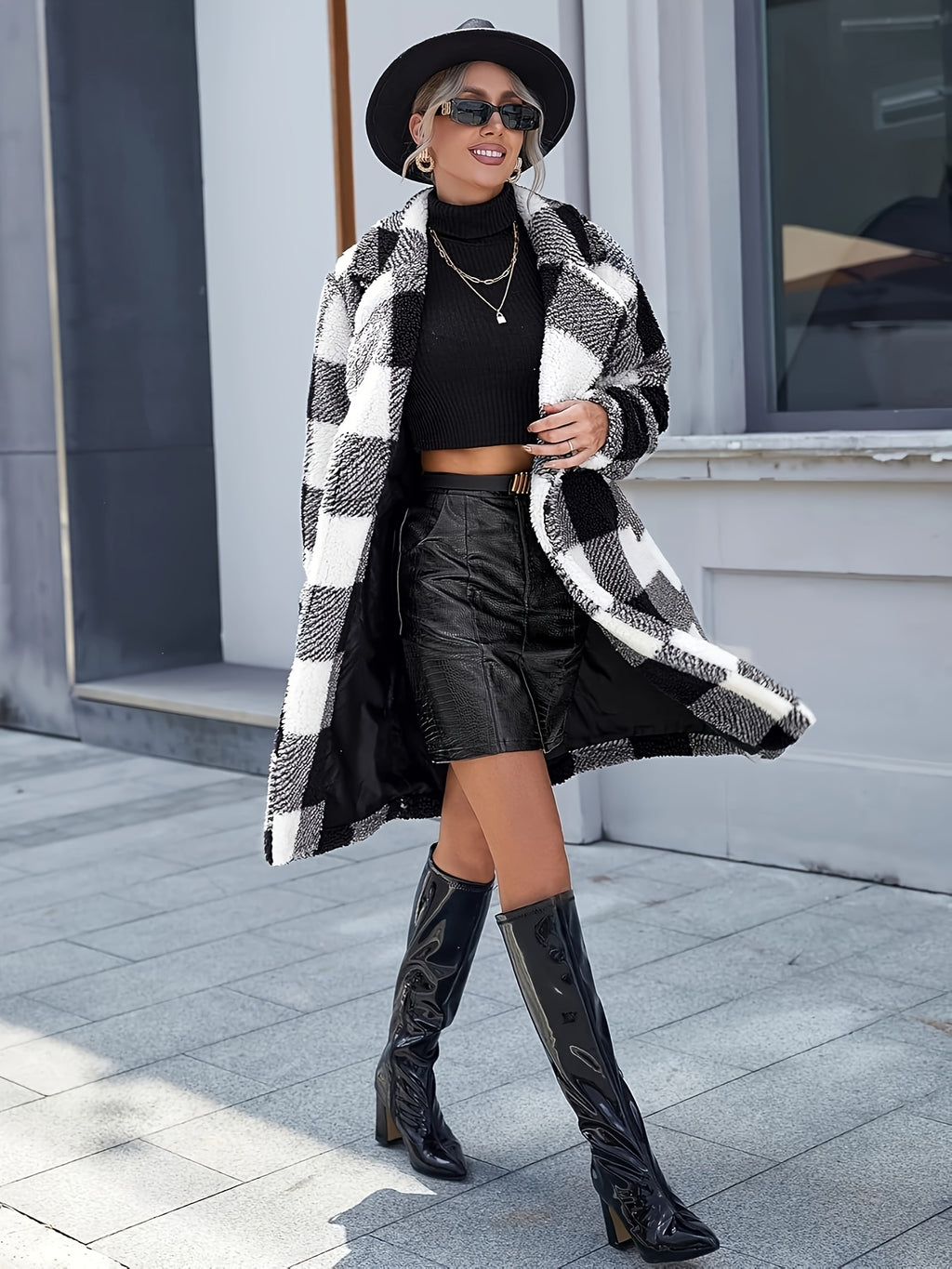 Abrigo de manga larga con botones para mujer, suave y cálido, con estampado a cuadros (negro/blanco/gris/marrón), medianamente elástico, lavable a máquina, elegante prenda de abrigo para otoño-invierno, ideal para ocasiones informales y formales.