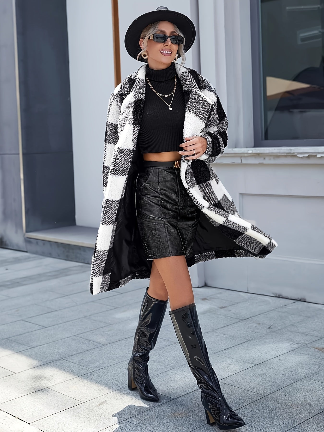 Abrigo de manga larga con botones para mujer, suave y cálido, con estampado a cuadros (negro/blanco/gris/marrón), medianamente elástico, lavable a máquina, elegante prenda de abrigo para otoño-invierno, ideal para ocasiones informales y formales.