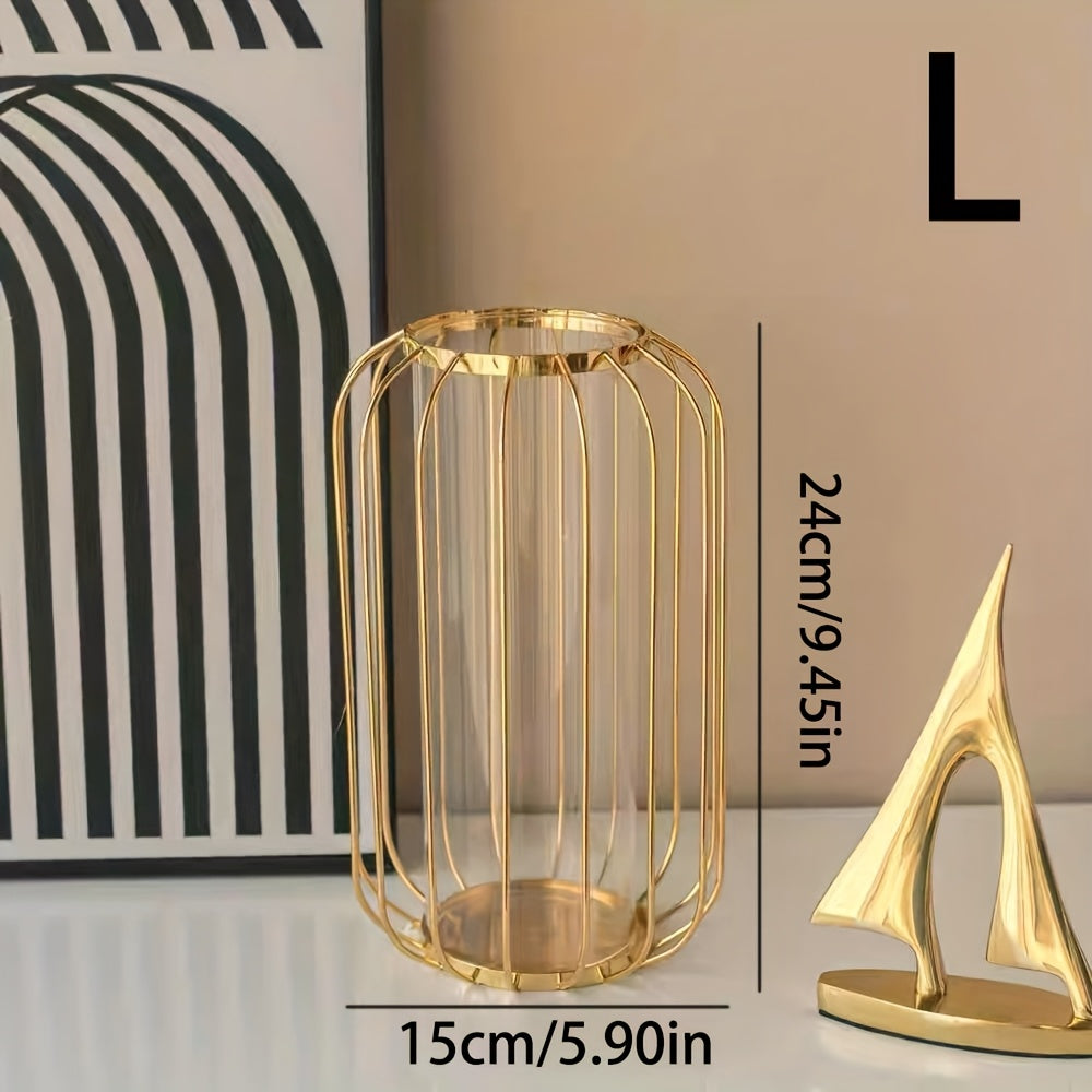 Jarrón de vidrio y metal creativo y elegante para mesa de comedor. Jarrón decorativo de hierro artístico para salón. Adornos para arreglos florales secos.