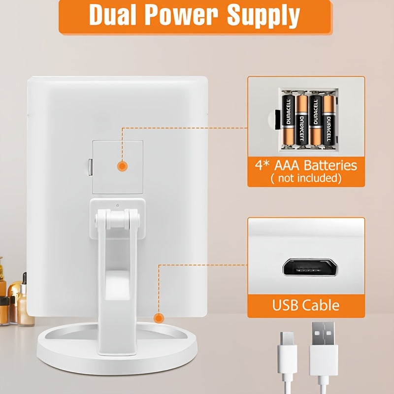 Espejo de tocador plegable con luces, espejo de maquillaje iluminado con aumento de 2X/3X, 21 LED con atenuación táctil, espejo de tocador iluminado con doble alimentación y rotación de 180°, espejo de maquillaje con iluminación.