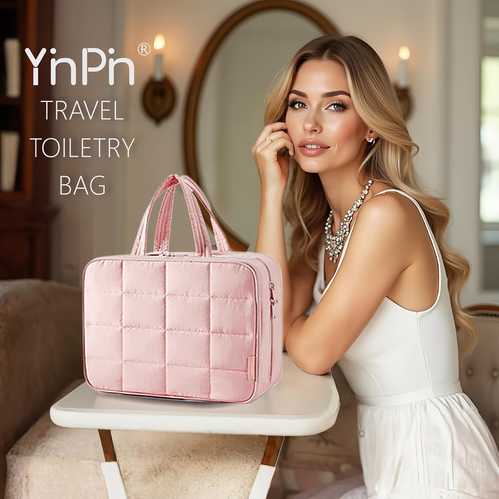 Bolsa grande colgante para artículos de aseo y maquillaje con espacio para joyas: neceser mullido con múltiples compartimentos, gancho para colgar y correa.