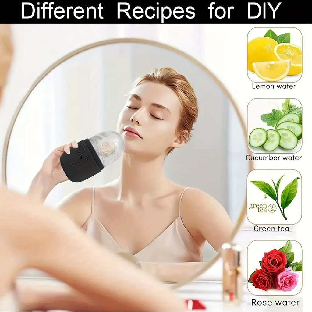 Juego de 3 piezas de herramientas de masaje facial | Incluye masajeador de rodillos, paleta, tabla de raspado corporal y para la espalda. Nueva bolsa de hielo facial de silicona con rejilla para rodillos de color beige claro.