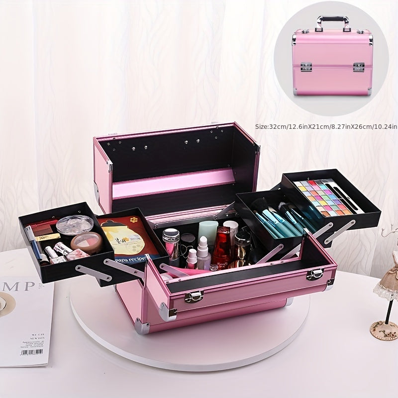 Organizador de maquillaje, estuche grande con bandeja, estuche de maquillaje con soporte para brochas, cierre, almacenamiento portátil para cosméticos de viaje, estuche metálico para maquillaje.