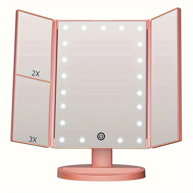 Espejo de tocador plegable con luces, espejo de maquillaje iluminado con aumento de 2X/3X, 21 LED con atenuación táctil, espejo de tocador iluminado con doble alimentación y rotación de 180°, espejo de maquillaje con iluminación.