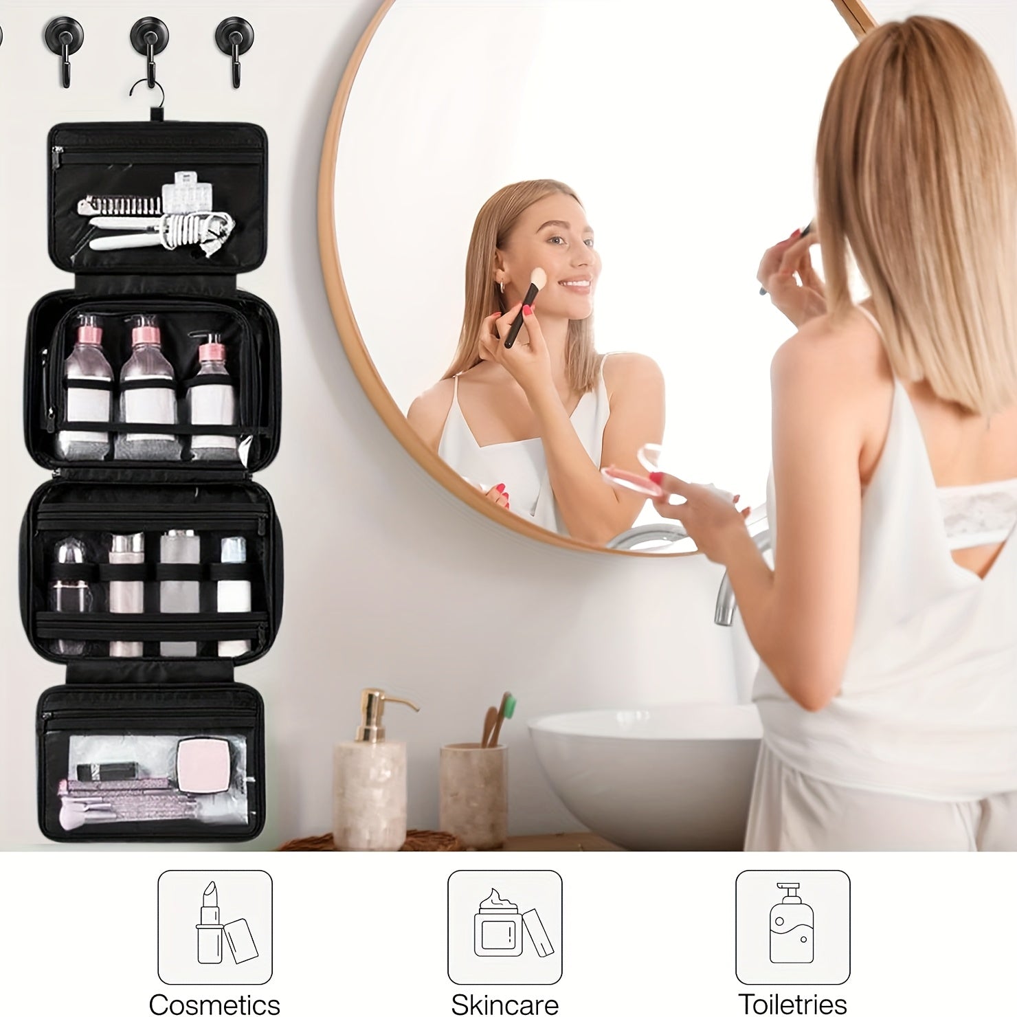 Bolsa grande colgante para artículos de aseo y maquillaje con espacio para joyas: neceser mullido con múltiples compartimentos, gancho para colgar y correa.