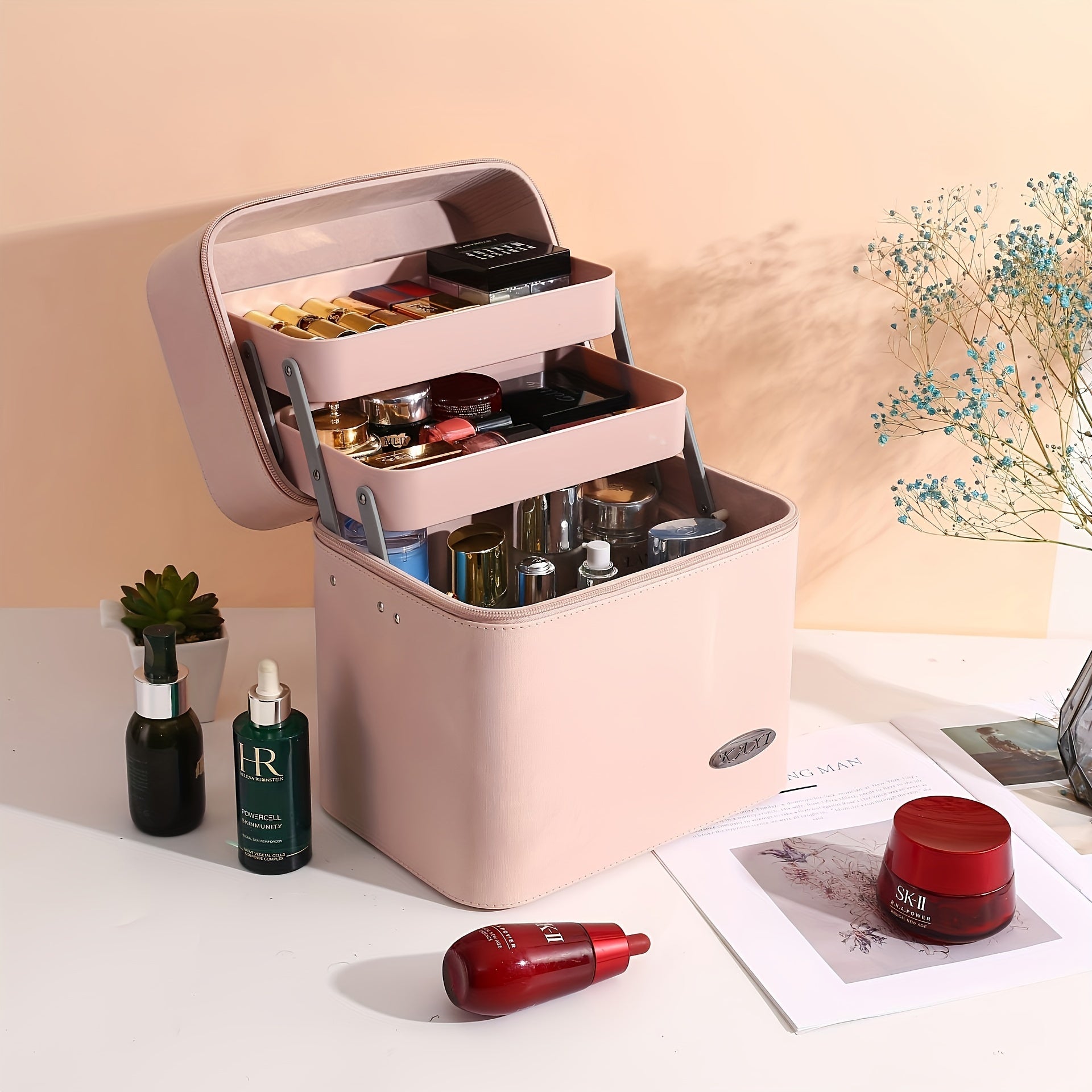 Neceser de maquillaje de gran capacidad de inspiración vintage: estuche cosmético multicapa para mujer, organizador de viaje portátil con espacio para joyas, plástico resistente, caja de maquillaje, TU-SN-HZB633-BE-1P.