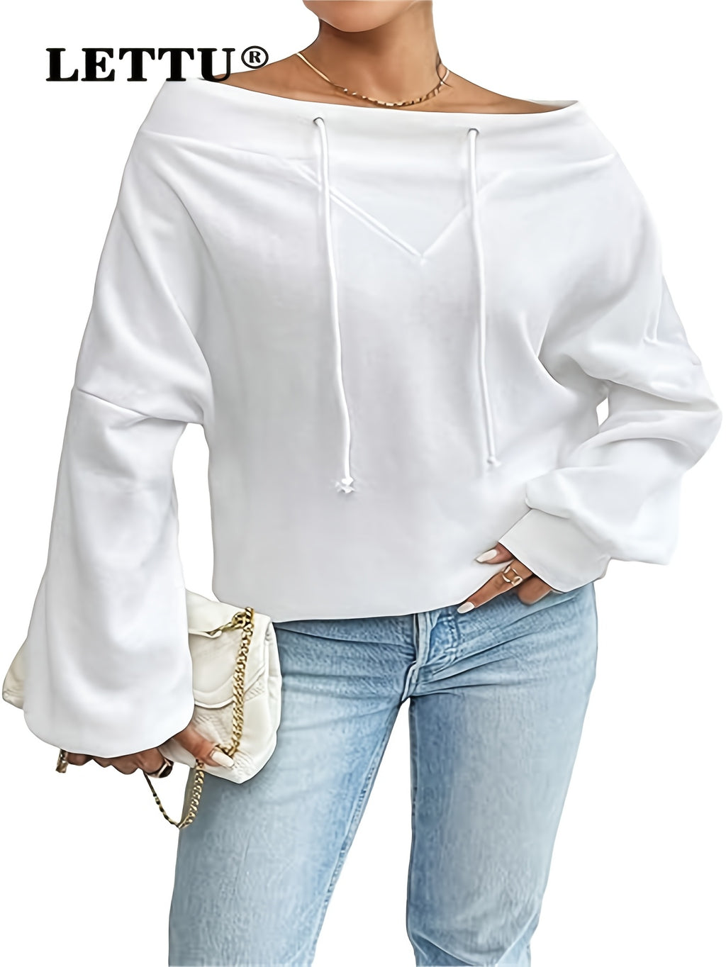 Sudadera blanca lisa con hombros descubiertos y cordón ajustable para mujer - 2025 Nuevas sudaderas de moda para mujer - Sudadera con capucha, cordón ajustable, manga larga, cuello barco, oversize y estilo deportivo informal