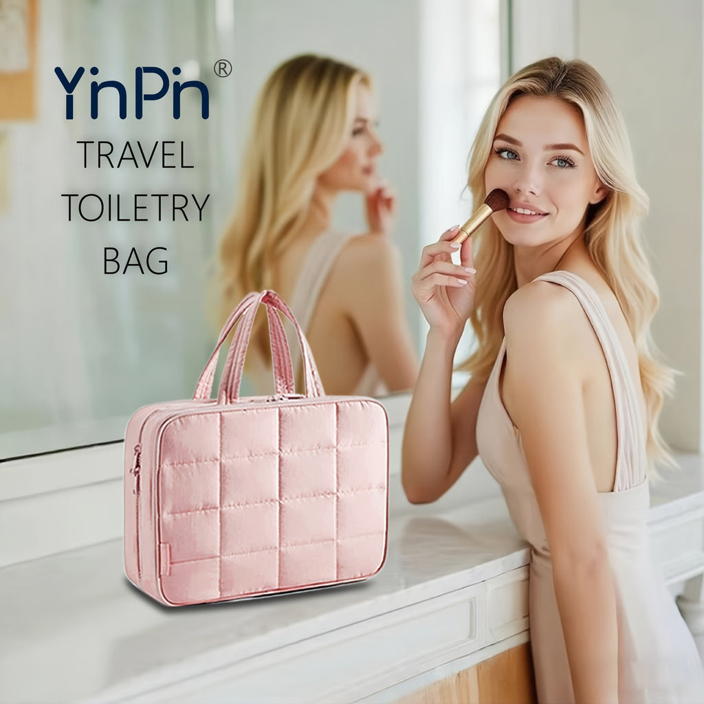 Bolsa grande colgante para artículos de aseo y maquillaje con espacio para joyas: neceser mullido con múltiples compartimentos, gancho para colgar y correa.