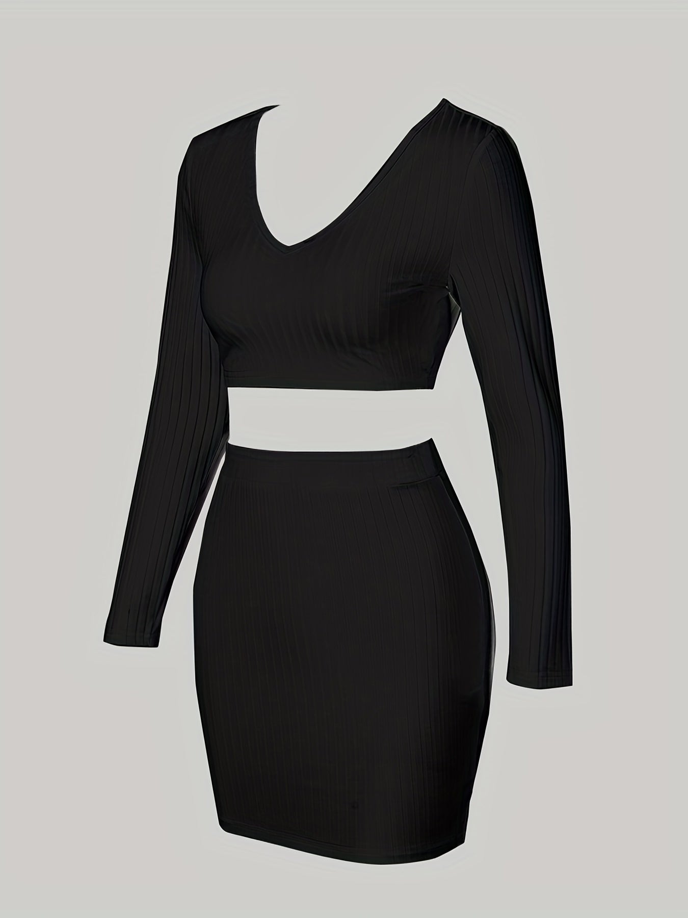 Conjunto de dos piezas, tops cortos de manga larga con cuello en V y faldas largas, ropa sexy para mujer en colores lisos.