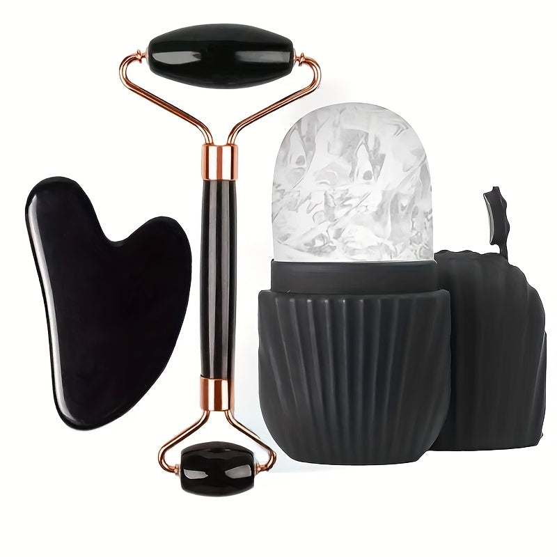 Juego de 3 piezas de herramientas de masaje facial | Incluye masajeador de rodillos, paleta, tabla de raspado corporal y para la espalda. Nueva bolsa de hielo facial de silicona con rejilla para rodillos de color beige claro.