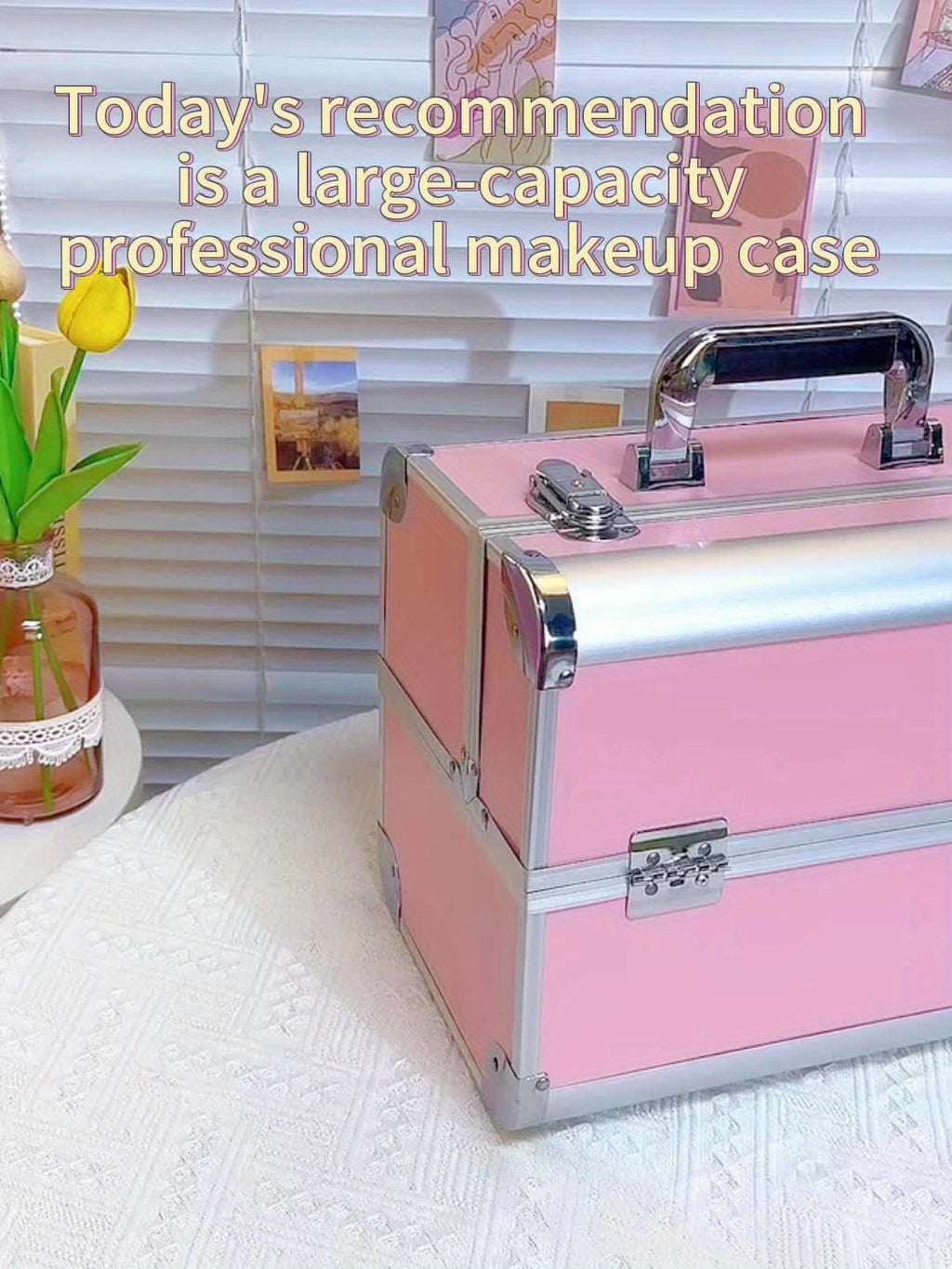 Organizador de maquillaje, estuche grande con bandeja, estuche de maquillaje con soporte para brochas, cierre, almacenamiento portátil para cosméticos de viaje, estuche metálico para maquillaje.