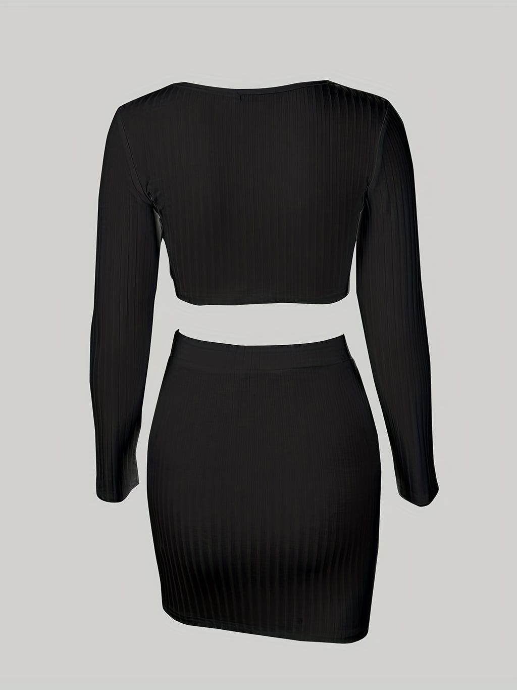 Conjunto de dos piezas, tops cortos de manga larga con cuello en V y faldas largas, ropa sexy para mujer en colores lisos.