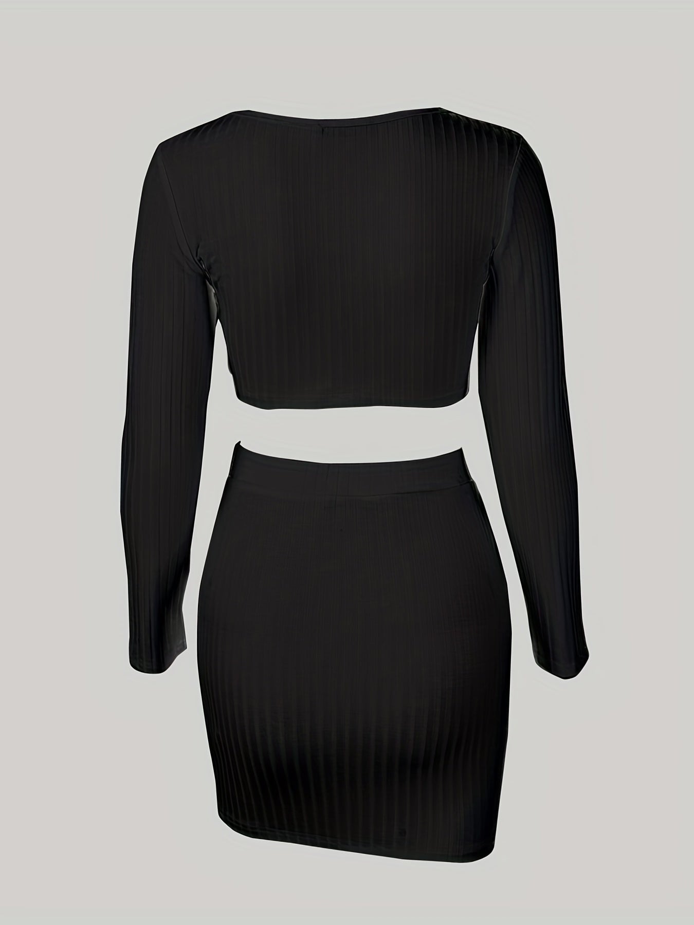 Conjunto de dos piezas, tops cortos de manga larga con cuello en V y faldas largas, ropa sexy para mujer en colores lisos.