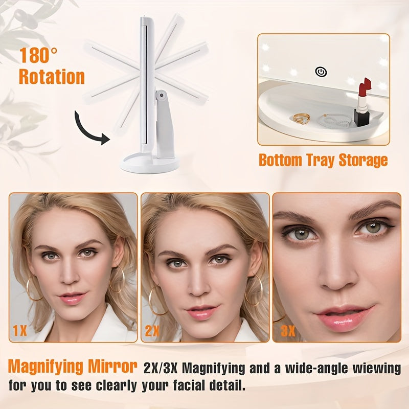 Espejo de tocador plegable con luces, espejo de maquillaje iluminado con aumento de 2X/3X, 21 LED con atenuación táctil, espejo de tocador iluminado con doble alimentación y rotación de 180°, espejo de maquillaje con iluminación.